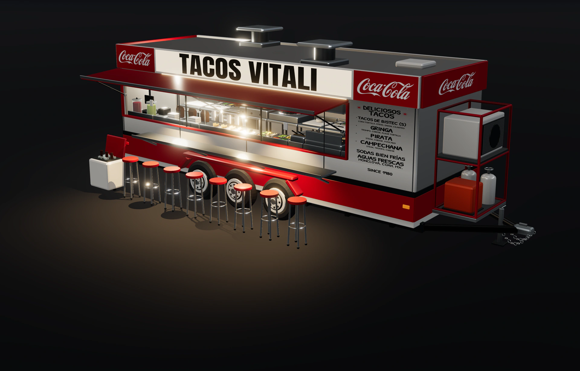 Traila Tacos Vitali iluminada de noche