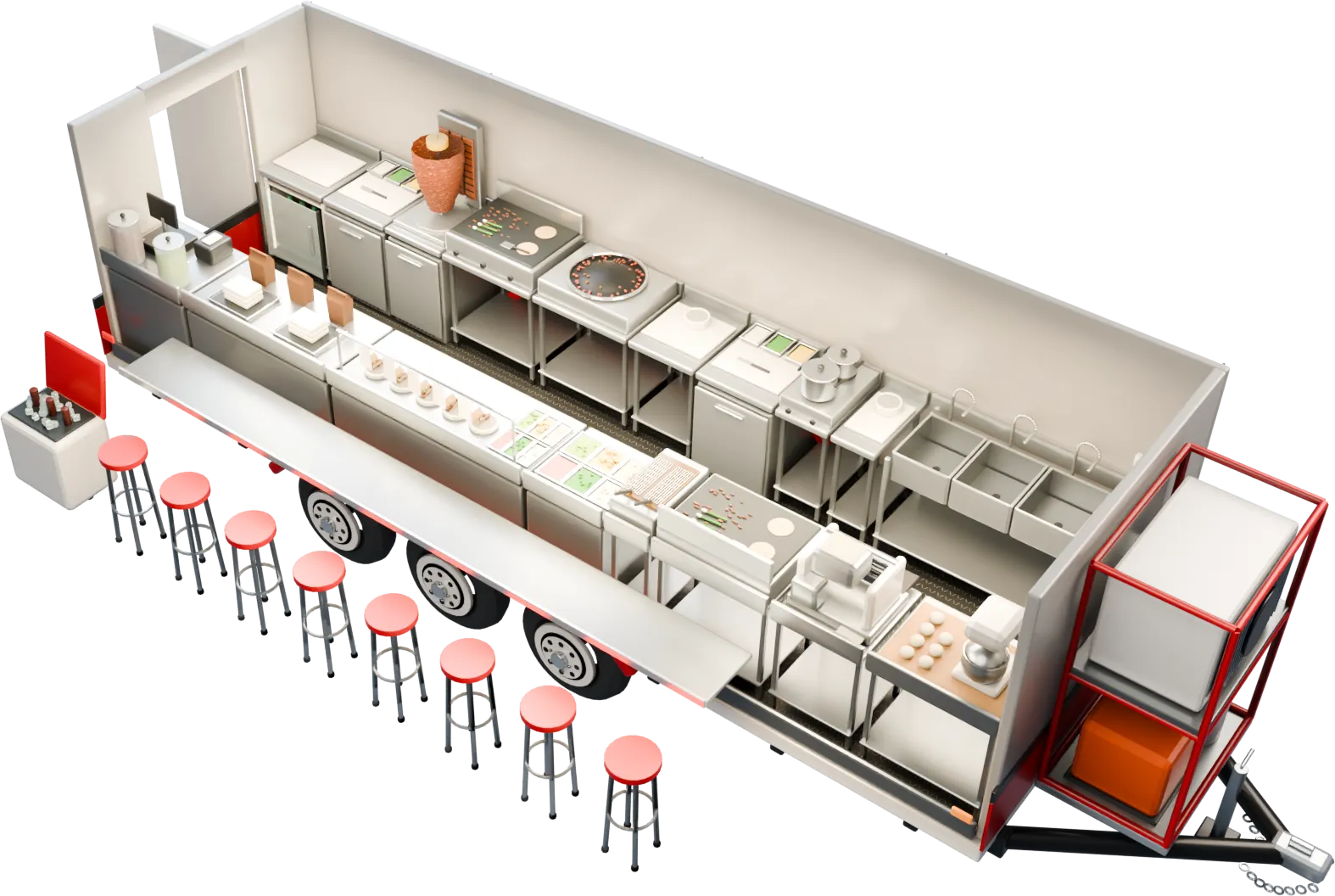 Cutaway of the planned Tacos Vitali kitchen, with two work lines and a central aisle
