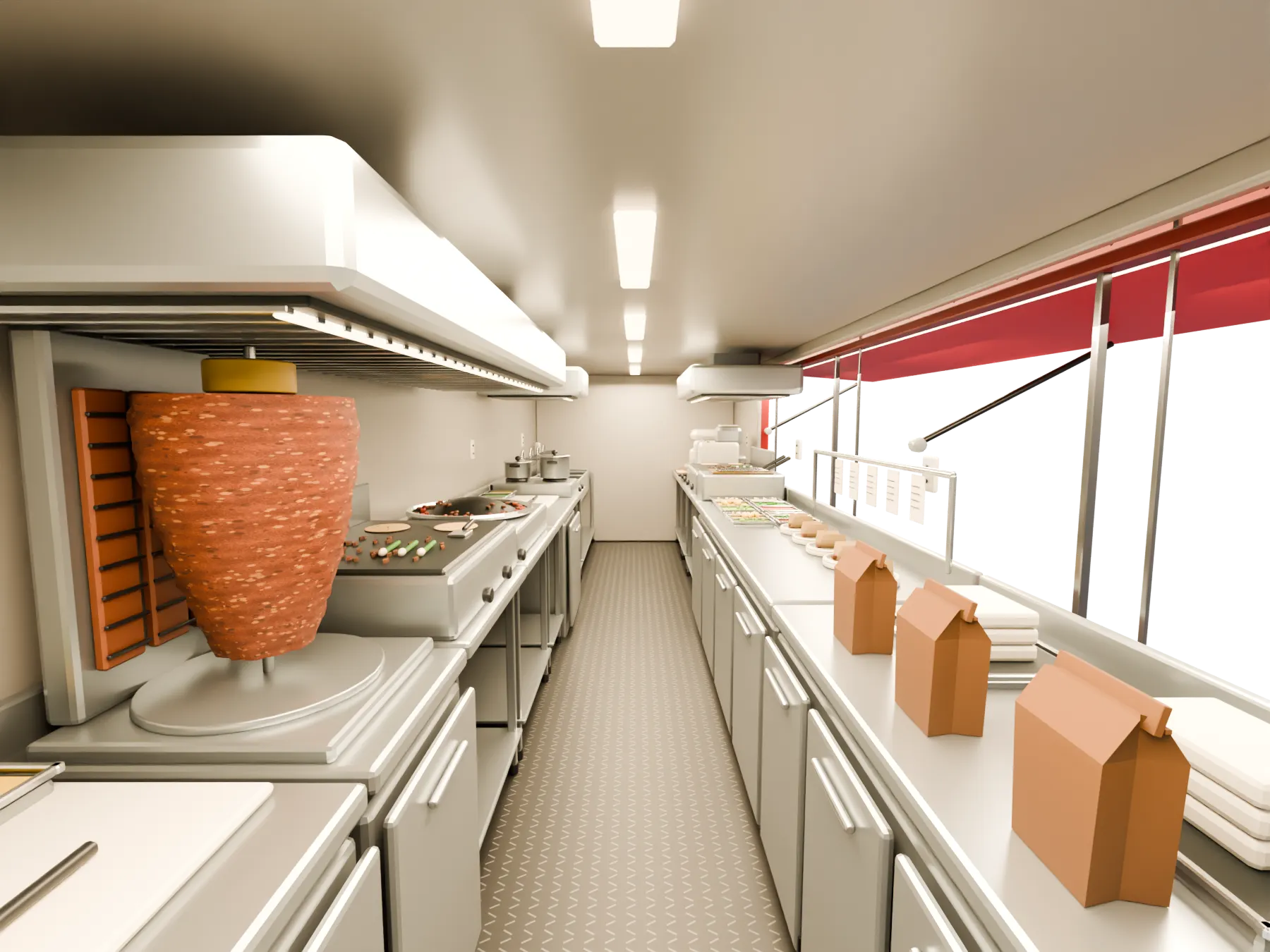 View down the central aisle of the planned Tacos Vitali trailer kitchen