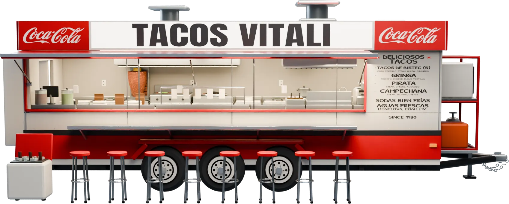Service side of the eight-meter Tacos Vitali trailer, with an outdoor counter and eight red stools