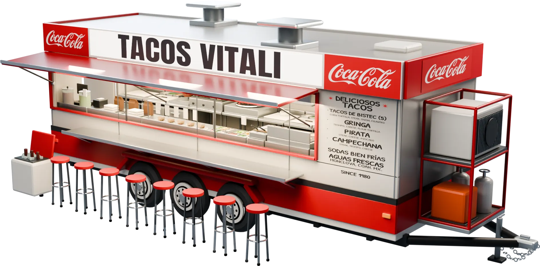 Eight-meter Tacos Vitali trailer with an outdoor counter, eight red stools, three axles and a front equipment cage