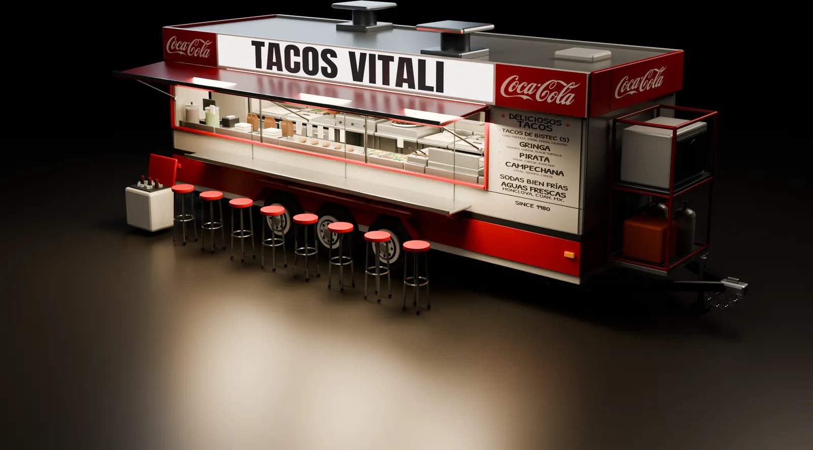 Tacos Vitali trailer at night, with the service window lit above the outdoor counter